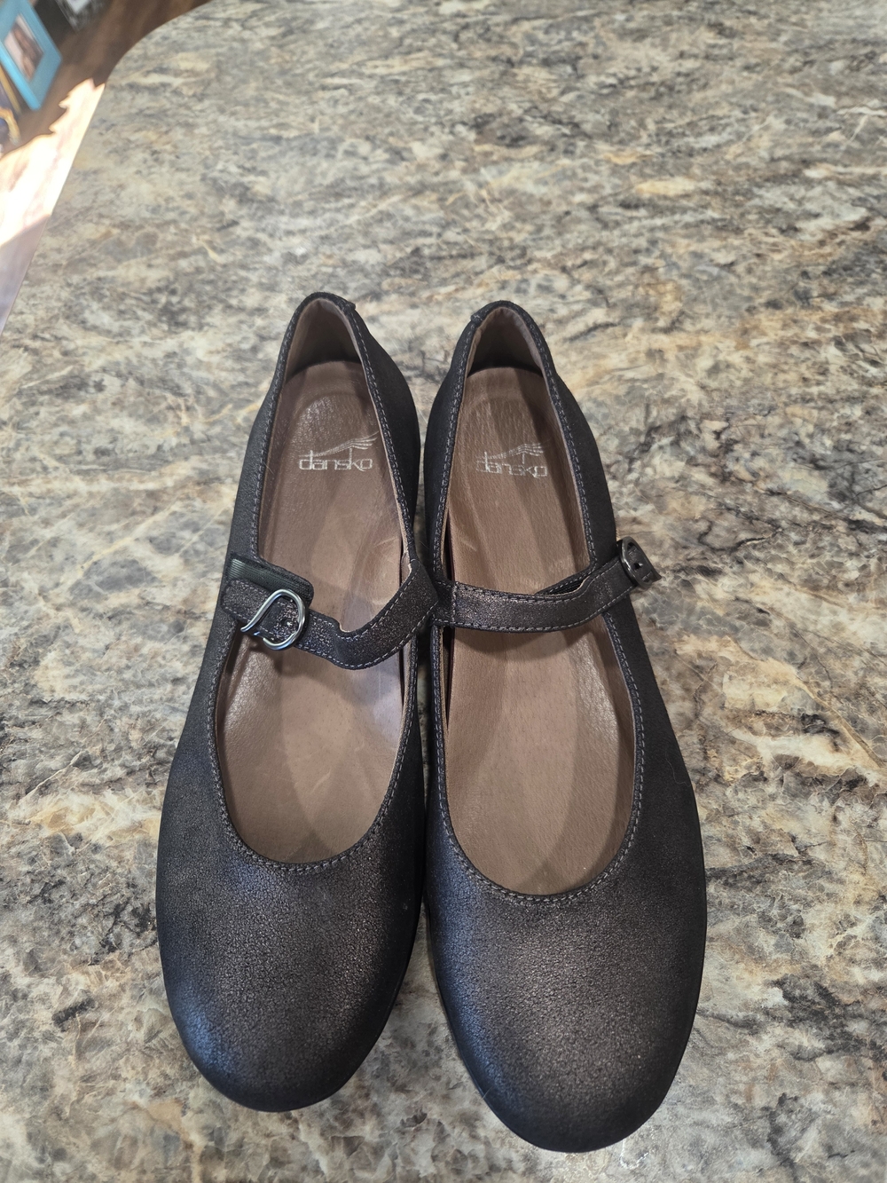 Dansko Black Shimmery Mary Jane Flats with Strap